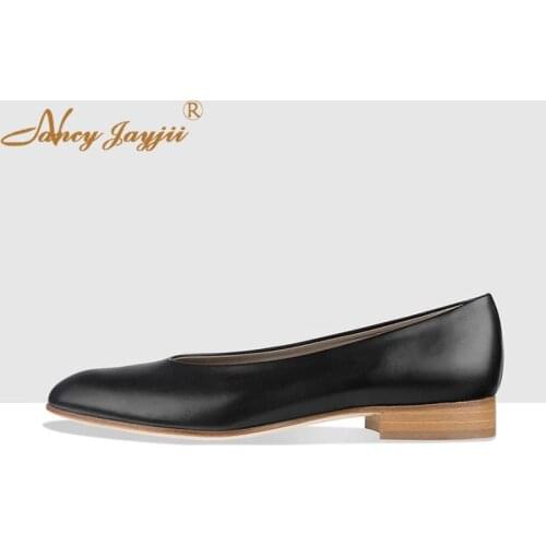 Black Leather Flats Low Wood Pattern Without Heel Ballet Round Toe Soft Sole Spring Lady Shoes Women 2019 Plus Size 15 16 Solid