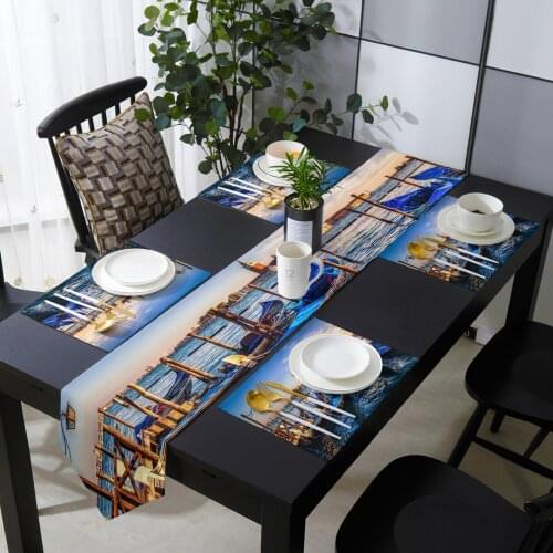 Wooden Boat In The Pier Of Venice Table Runner Set for Home Kitchen Dining Table Wedding Party Holiday Dinner Decoration