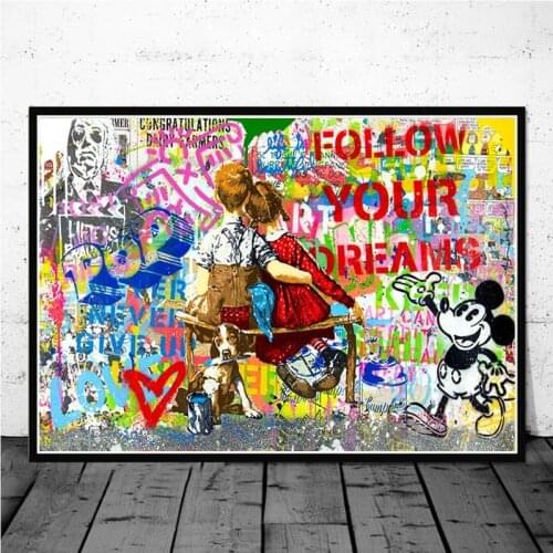 Disney Graffiti Art Prints and Posters Follow Your Dreams Mickey and Minnie Canvas Painting Wall Art Pictures Decoration Cuadros