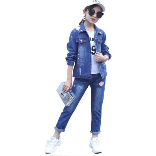 Baby Girl Clothes 10 12 14 6 8 Years Girls Clothing Set Denim Jacket + Jeans 2pcs Flower Girl Suit Cotton Casual Girls Outfits