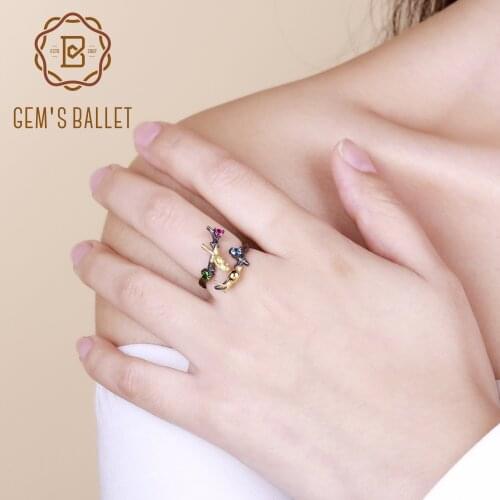 GEMS BALLET Natural Swiss Blue Topaz Cute Snails & Bird on the Branch Ring 925 Sterling Silver Handmade Adjustable Open Ring