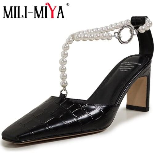 MILI-MIYA New Fashion Crocodile Pattern T-Strap Luxury Pearls Thick High Heel Pumps Womens Square Toe Genuine Leather Brand Part
