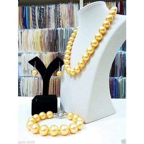 Women Gift word Love women Fashion Jewelry Handmade 12mm Yellow South Sea Shell Pearl Necklace Bracelet Earrings A Set