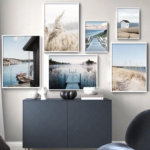 Nordic Morning Sunrise Wall Art Print Poster Landscape Beach Bridge Reed Canvas Painting Scandinavian Living Room Decor Picture
