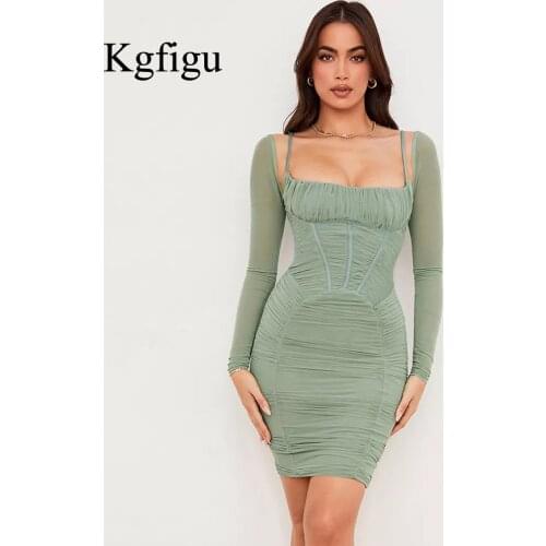 KGFIGU Dresses For Women 2021 Summer New Arrival Ladies Long Sleeve Folds Bodycon Dress Elegant And Fashionable Party Skrits