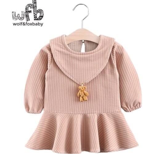 Retail 0-3 years childrens girls long-sleeves bear pendant fishtail dress spring fall autumn