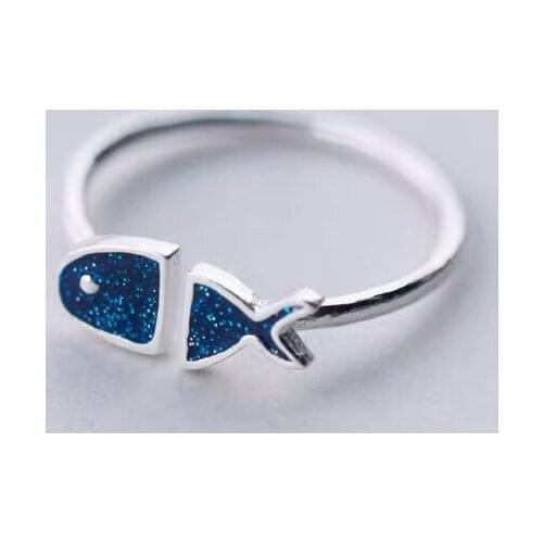 Real Geometric Black Enamel blue fish Adjustable Ring Minimalist Fine Jewelry For Women Party Gift