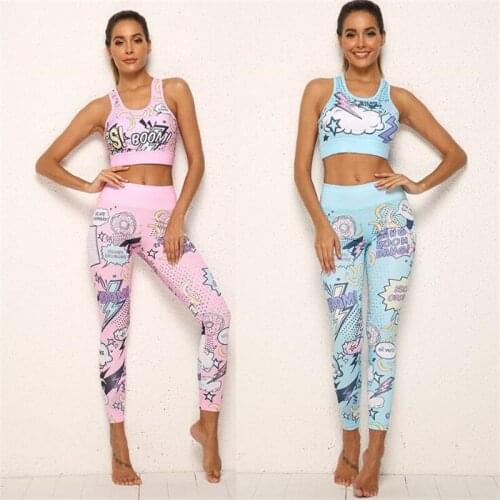 Printed Fitness Sports Leggings and Top Set Women Yoga Set Leggings Seamless Push Up Hip Sport Suit GYM Running Tights Leggins