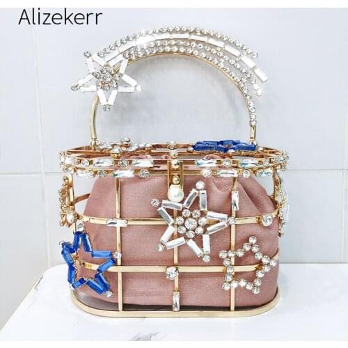Crystal Star Metal Cage Evening Bag Women 2020 Luxury Designer Chic Metallic Handle Diamonds Clutch Purse And Handbags Dinner