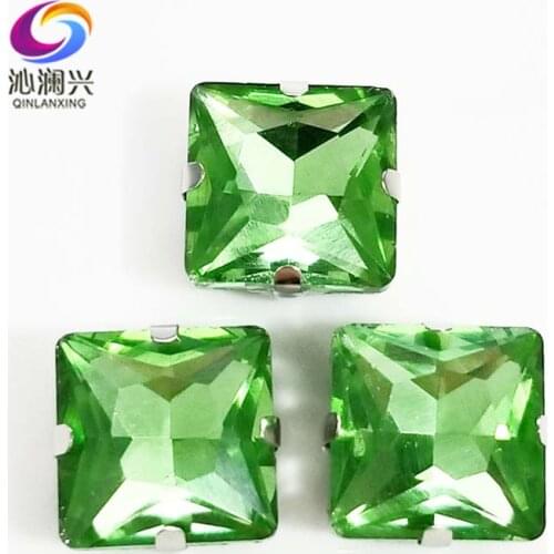 Light green top quality Glass Crystal sew on stones,square shape claw rhinestone with holes,Diy/Clothing accessorie SWZ425