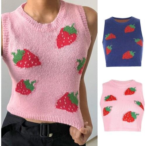 V-neck Halter Sexy Camisole Top 2021 Summer Women Sleeveless Vest Sexy Knitted Ladies Clothing Pink Strawberry Womens Clothing