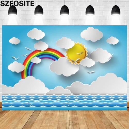 Baby Show Theme Party Photography Background Blue Sky White Clouds Rainbow Sun Beautiful Sea Backdrop Studio Photo Vinyl Banner