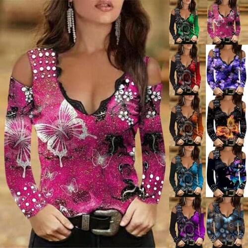 Rose Flower Plant Print Loose T-shirts Autumn Female V Neck Lace Patchwork Long Sleeve Tees Women Off The Shoulder Tshirt