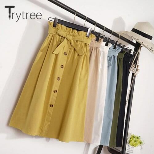 Ttytree Summer Autumn Womens Skirt A-Line Knee Length Korean Elegant Button High Waist Solid Skirts Female Pleated New Skirt