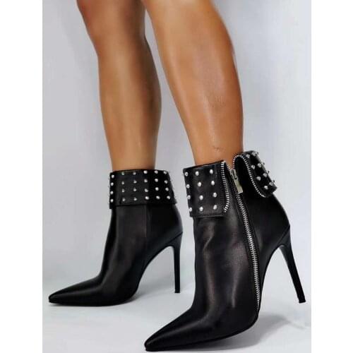 ASHIOFU Handmade Real-pics Ladies Boots Rivets Spikes Pointy Party Prom Dress Ankle Booties Evening Club Fashion Winter Boots