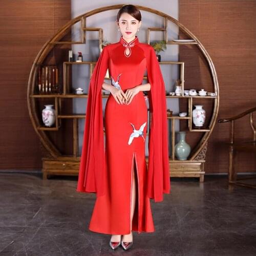 Chinese style women Sexy Evening Dresses Long sleeve Qipao Red Blue lady vestido Open Slit Modern Party Dresses oriental gown