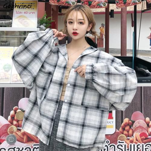 Women Blouses Spring Lantern Sleeve Shirts Turn-down Collar Plaid Casual Sunproof Chic Loose Korean Style All-match Outwear New