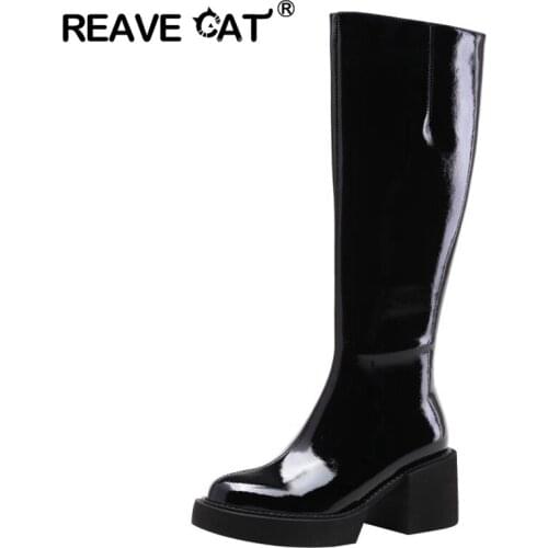 REAVE CAT Size 40 Slip On Patent Genuine Leather Boots Women Thick High Sole Chelsea British Ridding Winter Platform Knee Bootie