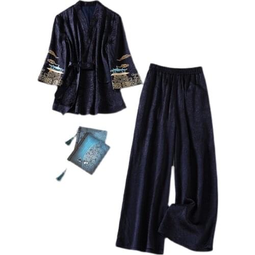 Chinese Style Spring New Female Imitation Acetate Embroidery Elegant Belt Top + Wide Leg Pants Two-Piece Suit M-XXL