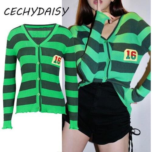 2021 Autumn Winter Korean Fashion Knitted Sweater Cardigans Women V-Neck Long Sleeve Striped Casual Traf Outwear Tops Pull Femme