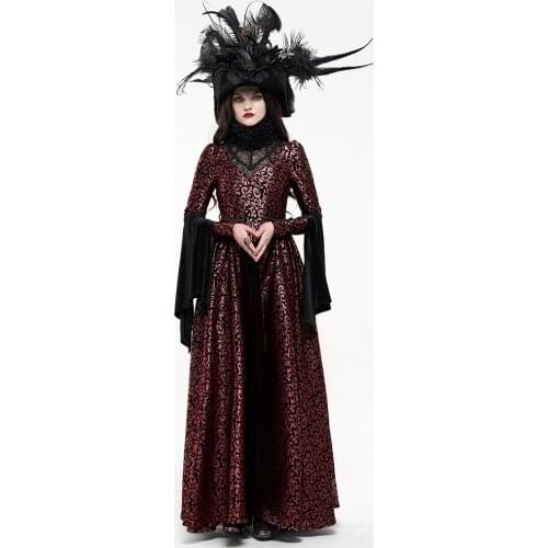 PUNKRAVE Womens Gothic Gogerous Court Long Dress Victorian Exquisite Removable Turtleneck Fur Collar Party Banquet Gown
