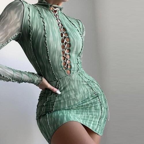 Womens Summer Dress Sexy Hollow Out Bandage Stand Collar V-Neck Lace Up Mini Dress Slim Long Sleeves High Waist Party Holiday