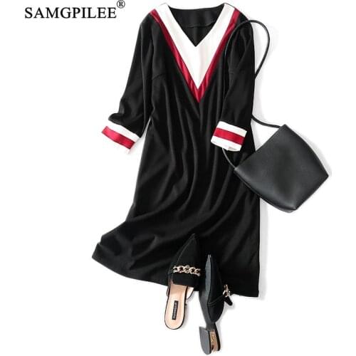 Dress Women Autumn And Winter Fashion 2020 elegant Dress Plus Size A-line Striped Three Quarter Sleeve Women Casual Dresses 3XL
