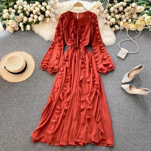 Spring Fall New Solid Green/Red/Pink Chiffon Long Dress Women Elegant Round Neck Full Sleeve Loose Vestidos Female Fashion Robe