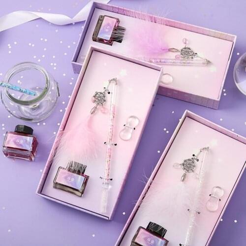 1Set Beautiful Crystal Pen Feather Pendant Design Ink-saving Easy to Clean Art Crystal Signature Pen for Sketching