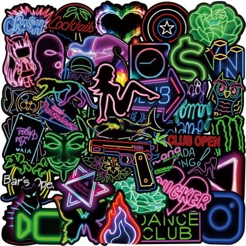 10/30/50PCS Mixed Neon Light Cartoon Stickers DIY Snowboard Laptop Luggage Guitar Cool Graffiti Waterproof Sticker Toys Decal