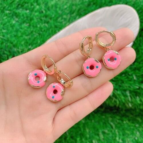 5 Pairs, Korean Fashion Pink Enamel Drop Earrings for Women Cute Donuts Dangle Earring