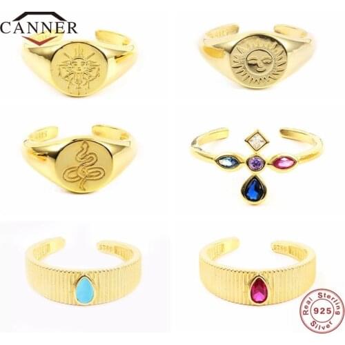 CANNER Luxury Open Size Adjustable Gold Color Finger Rings 925 Sterling Silver Zircon Gold Plated Ring for Women Jewelry Gifts