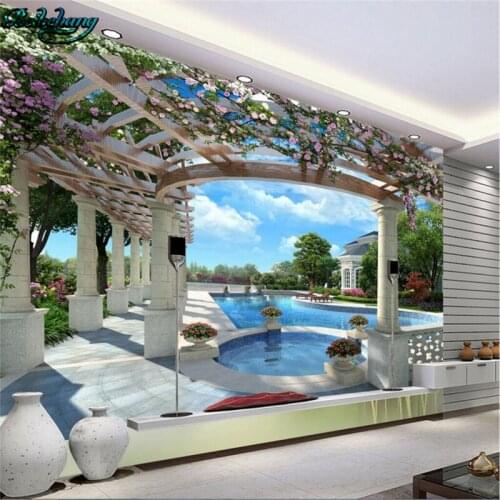 Beibehang High - end luxury villa 3D swimming pool backdrop large custom non - woven wallpaper papel de parede infantil