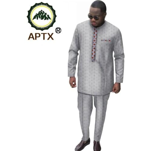 Dashiki mens top pant set 2 pieces outfit set African men ankara clothes jacquard shirt with trouser TS2016003