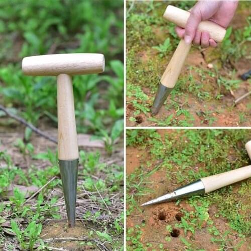 Gardening Hole Puncher with Wooden Handle Convenience Hole Digger Garden Tool for Sow Seeds Transplant Plant GQ