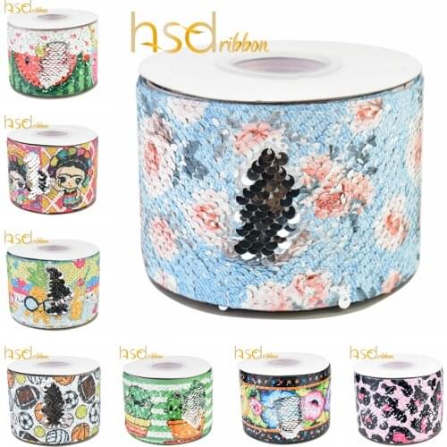 HSDRibbon 75mm 3 inch hsd-design heat transfer printed Sequin Fabric Reversible Glitter Sequin Ribbon 25Yards/Roll for diy bows