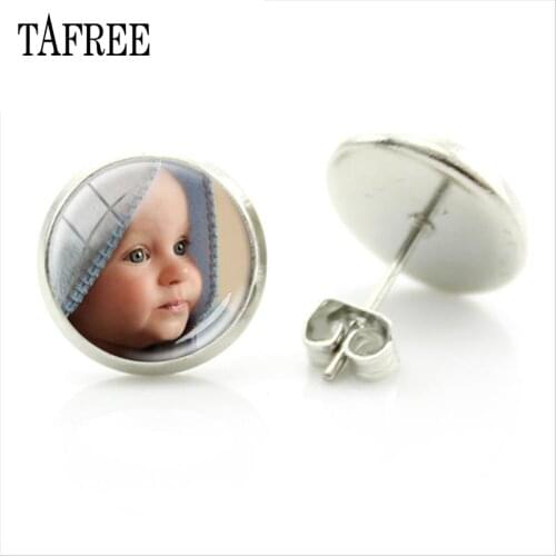 TAFREE Personality Custom Photo Or Text Stud Earrings Handmade Family Baby Child Dad Mom Brother Sister Friends Jewelry NA01