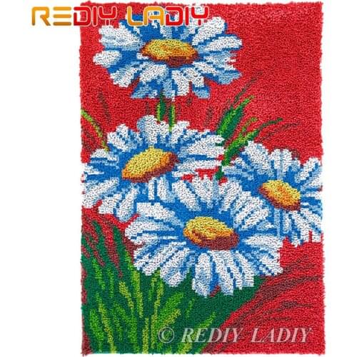 Latch Hook Rug Chunky Yarn Tapestry Kits DIY Carpet Rug White Daisies Knitted Floor Mat Crocheting Cushion Arts & Crafts 58*86cm