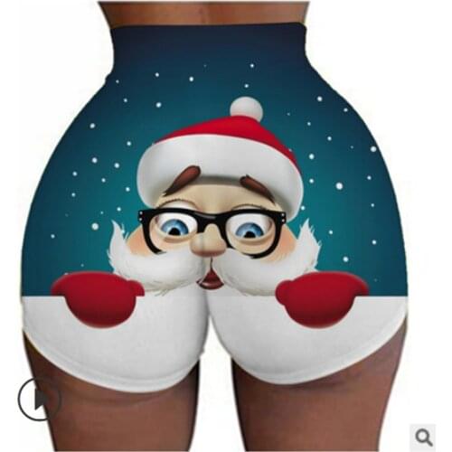 2021 Fashion Party Shorts Womens Slim Short Pants Cartoon Print Hip-Outdoor Sports Elastic Mid Waist Shorts Lady Happy Christmas