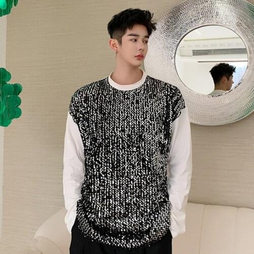 Spring Autumn Men Round Collar Long Sleeve Casual T-shirt Tide Hip Hop Dancer Team Glitter Sequins Tops Stage Costume Tees Shirt