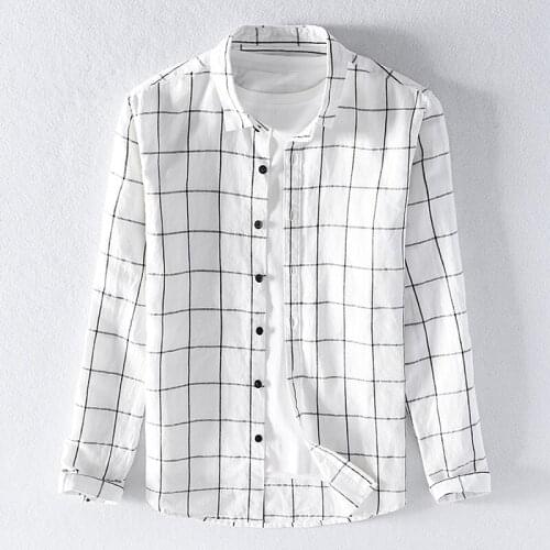 2019 Suehaiwes brand Italy style long-sleeved plaid shirt for men casual white comfortable linen shirts men autumn chemise