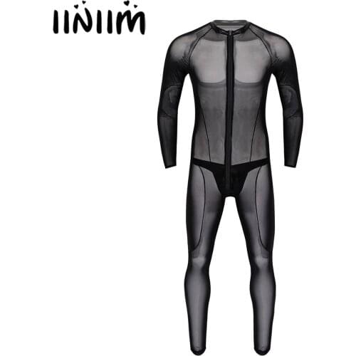 Mens Gay See Through Sheer Lingerie Clubwear Bodystocking Costumes Leotard Bodysuit Jumpsuit with Jockstraps Briefs Underwear