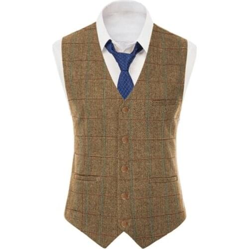 Mens Vest Plaid Tweed Suit Striped Waistcoat Wool Herringbone Steampunk Vests for Groomman Wedding Casual Jacket 2021