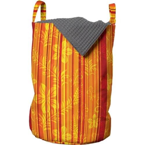 Orange Laundry Basket Vertically Stripe Pattern with Flowers Organizer for Clothes Underwear Socks Toys Wash Bag & Home Storage