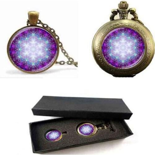 Henna yoga necklaces jewelry om symbol buddhism zen glass bloom mandala lotus necklace & pendant pocket watch with free box