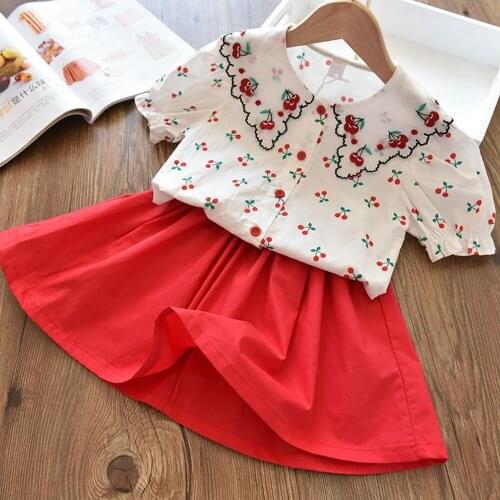 Casual Summer Girls Princess Clothes Set Printed Cherry Shirt Tops+High Waist Skirts 2pcs Kids Children Outfits S12660