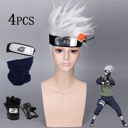 Anime Naruto Hatake Kakashi Cosplay Silvery Wig Headband PU Gloves Heat-resistant Fiber Hair with Wig Cap Halloween Props