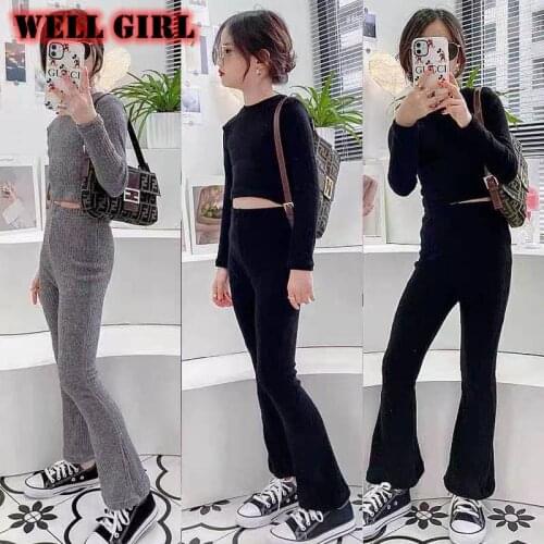 Two piece set fitness crop top shirt pants sets outfits tracksuit sweat suit kids baby girls toddler bodycon fashion 3 to 16 yrs