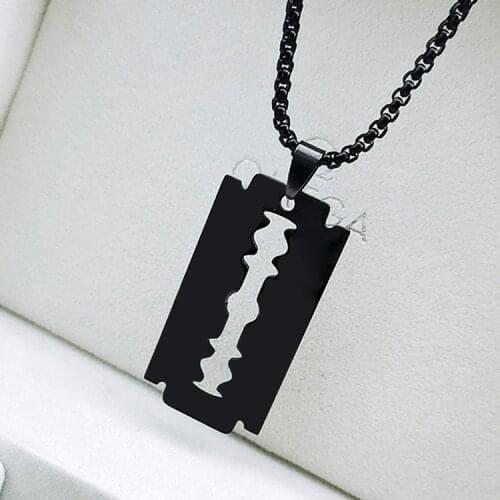 Qiluxy Unisex Black Unique Razor Blade Shaped Pendant Necklaces Hip Hop Tag Necklace Brand New Pendants Jewelry