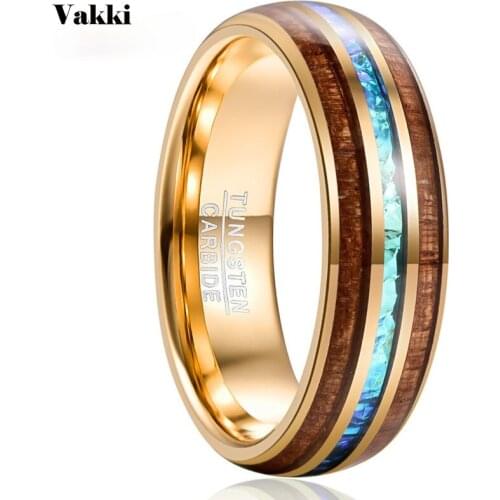 VAKKI Engagement for Mens Gift 8MM Wide Electroplated Gold Inlaid Acacia Imitation Opel Dome Tungsten Steel Ring Jewelry